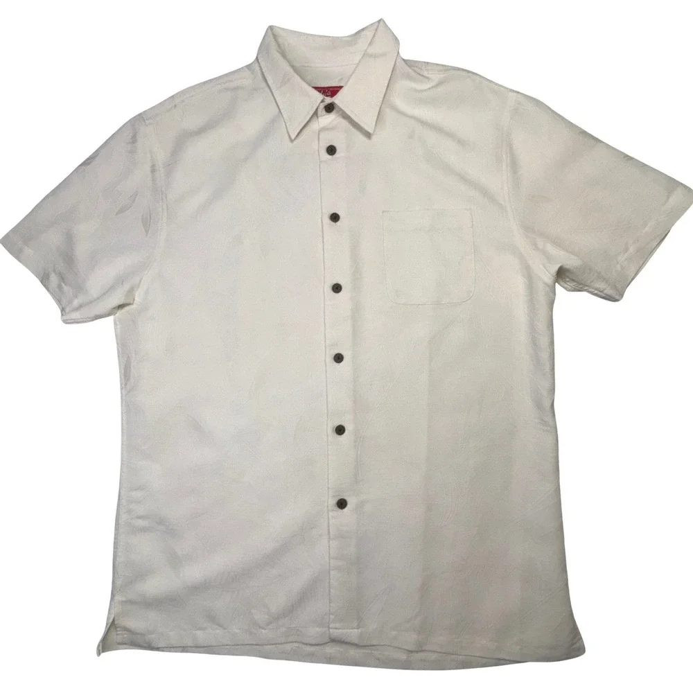 Woodie's Retro Lounge Mens XL Ivory Jacquard‎ Leaf Button Up Hawaiian Camp Shirt